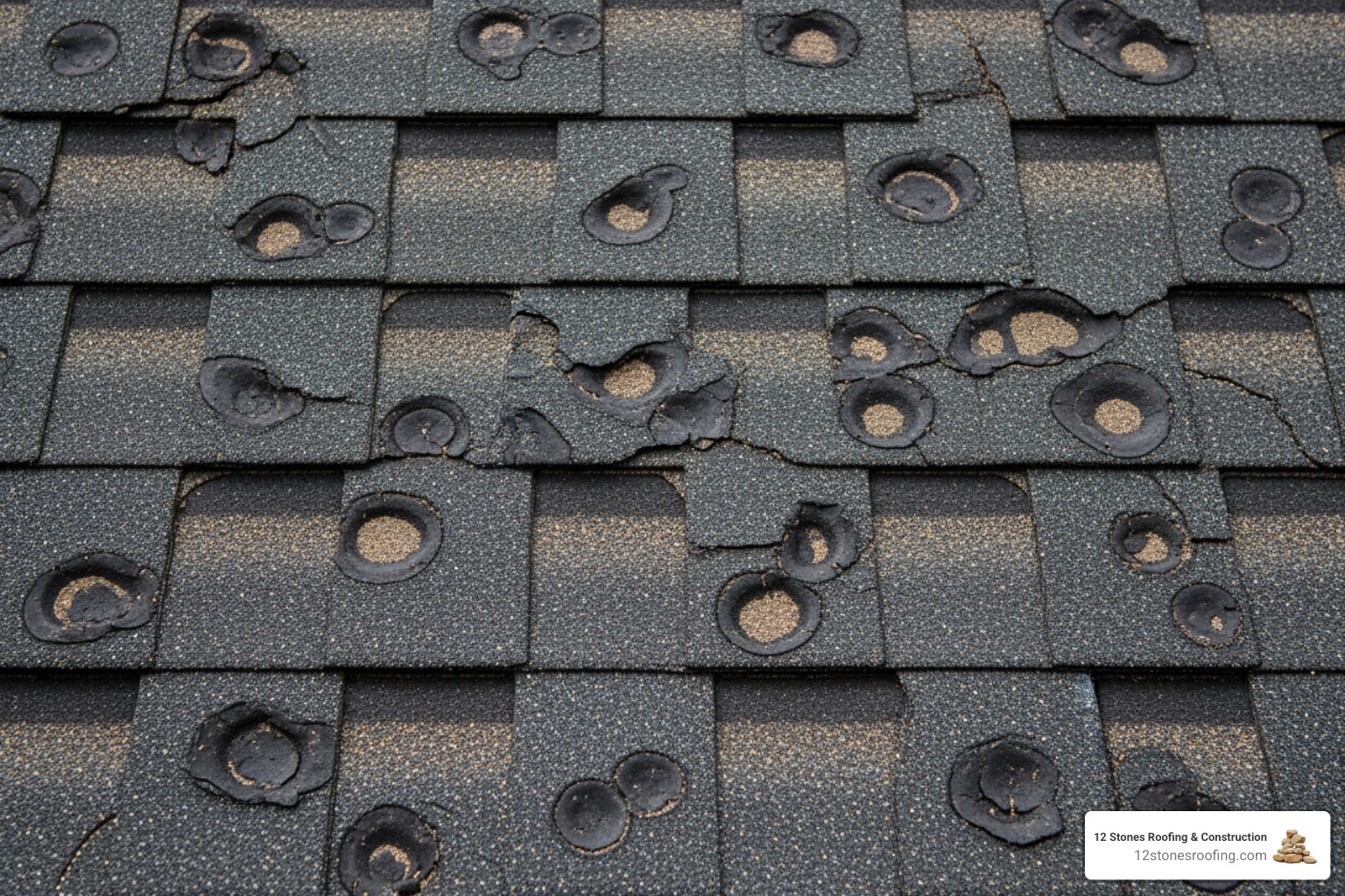 close-up of hail-damaged shingles with pockmarks and granule loss - Roof repair after storm