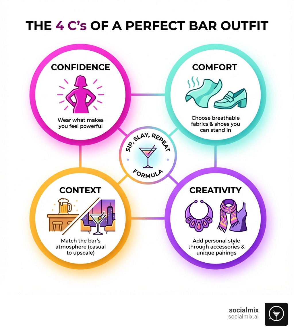 Infographic showing the 4 C's of a perfect bar outfit: Confidence (wear what makes you feel powerful), Comfort (choose breathable fabrics and shoes you can stand in), Context (match the bar's atmosphere from casual to upscale), and Creativity (add personal style through accessories and unique pairings) - bar outfits for ladies infographic Infographic showing the 4 C's of a perfect bar outfit: Confidence (wear what makes you feel powerful), Comfort (choose breathable fabrics and shoes you can stand in), Context (match the bar's atmosphere from casual to upscale), and Creativity (add personal style through accessories and unique pairings) - bar outfits for ladies infographic