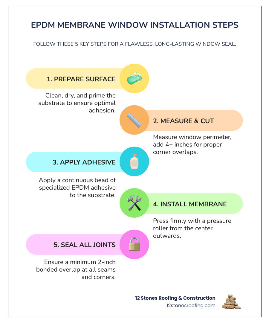 EPDM membrane installation process infographic showing the five main steps: surface preparation with primer application, measuring and cutting membrane with 4-inch overlap allowance, applying continuous adhesive bead to substrate, installing membrane tension-free with pressure roller, and sealing all corners and overlaps with minimum 2-inch bond - epdm membrane windows infographic infographic-line-5-steps-colors