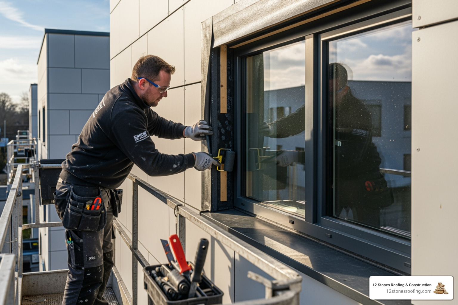 Professional installing EPDM membrane around window frame - epdm membrane windows