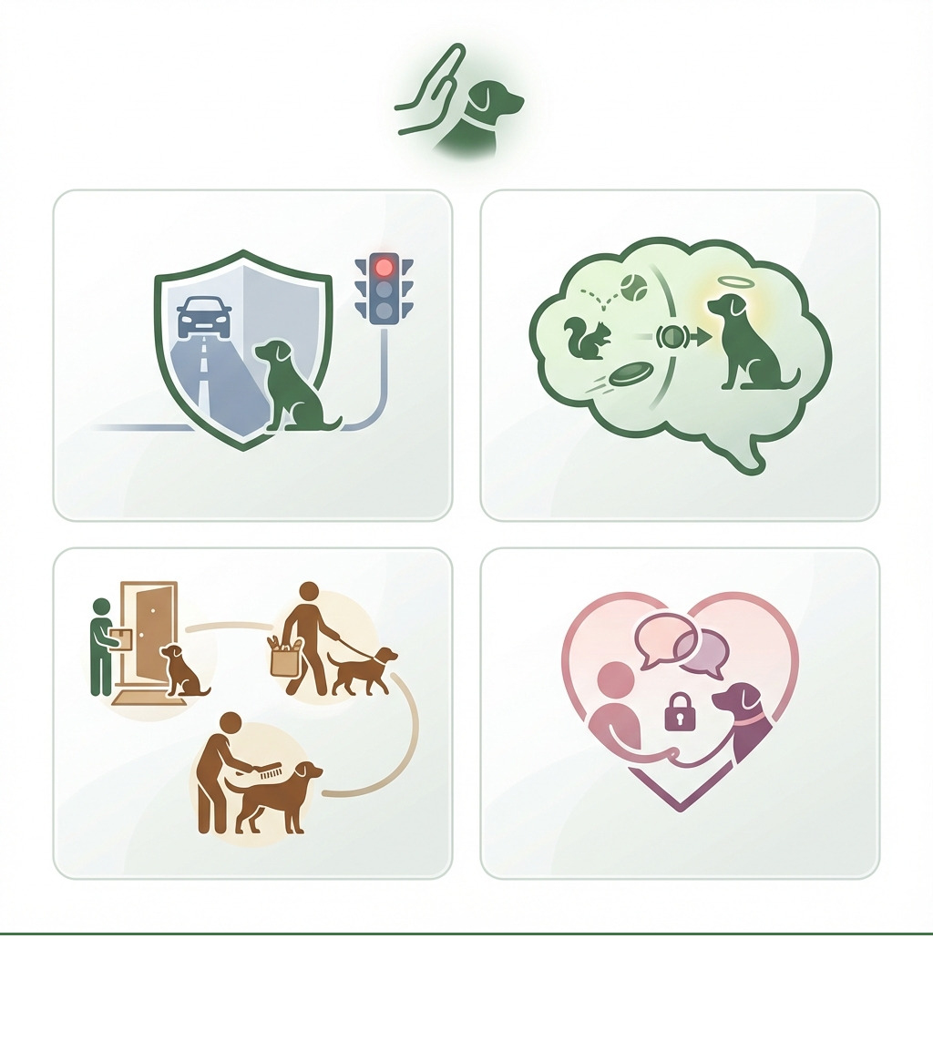 Infographic showing four key benefits of teaching stay: Safety (prevents dogs from running into danger), Impulse Control (helps dogs manage excitement), Daily Management (makes grooming, door answering, and carrying groceries easier), and Bonding (builds trust and communication between dog and owner) - Teach dog stay infographic Infographic showing four key benefits of teaching stay: Safety (prevents dogs from running into danger), Impulse Control (helps dogs manage excitement), Daily Management (makes grooming, door answering, and carrying groceries easier), and Bonding (builds trust and communication between dog and owner) - Teach dog stay infographic