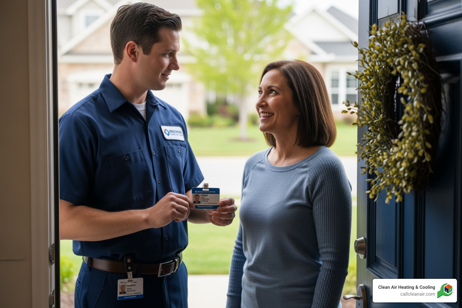 Certified HVAC technician showing ID badge to homeowner - Air duct cleaning Marysville