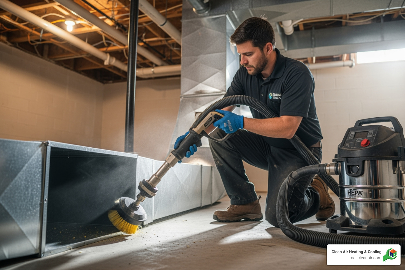 Professional air duct cleaning technician using specialized rotary brush inside ductwork - Air duct cleaning Marysville