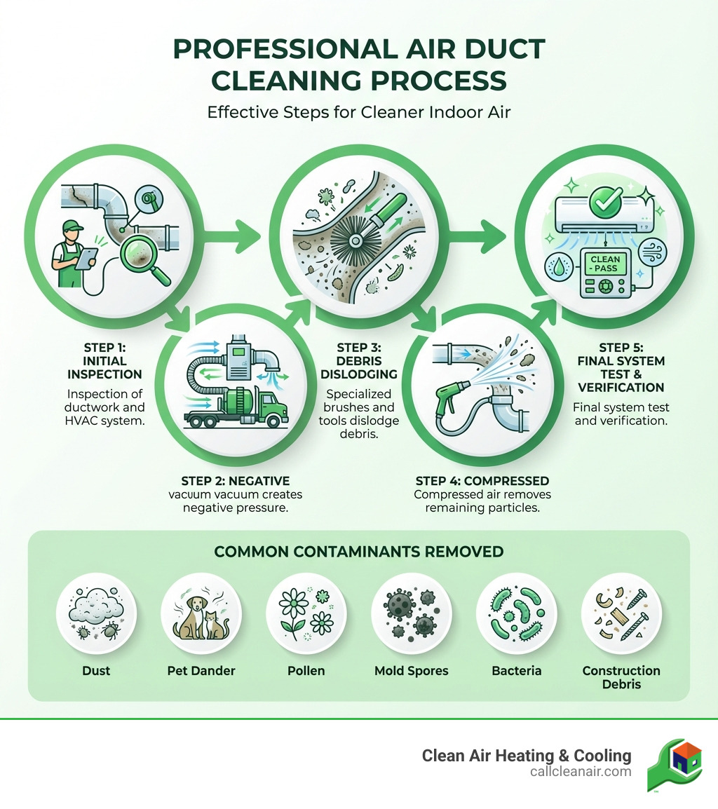 Infographic showing the air duct cleaning process: Step 1 - Initial inspection of ductwork and HVAC system; Step 2 - High-powered vacuum creates negative pressure; Step 3 - Specialized brushes and tools dislodge debris; Step 4 - Compressed air removes remaining particles; Step 5 - Final system test and verification. Common contaminants removed include dust, pet dander, pollen, mold spores, bacteria, and construction debris. - Air duct cleaning Marysville infographic 