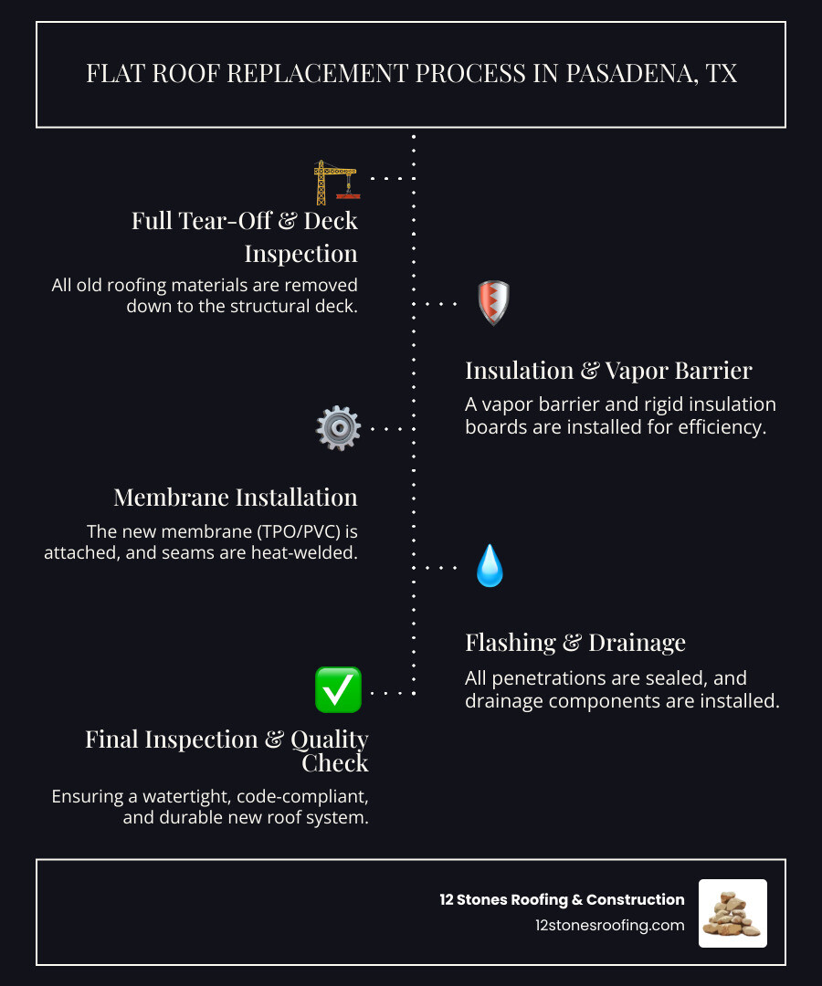 Infographic showing the flat roof replacement process: 1) Full tear-off and deck inspection, 2) Vapor barrier and insulation installation, 3) Membrane attachment with heat-welded seams, 4) Flashing and drainage integration, 5) Final inspection. Includes cost breakdown showing 40% materials and 60% labor, and energy savings data showing up to 50°F surface temperature reduction with cool roof membranes - flat roof replacement Pasadena TX infographic infographic-line-5-steps-dark