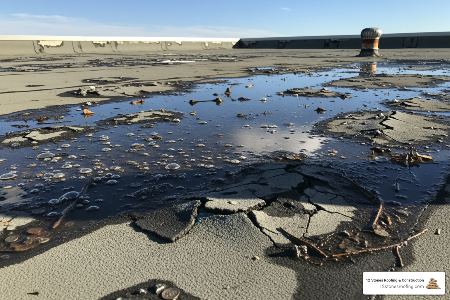 image of a damaged flat roof showing significant blistering and ponding water - flat roof replacement Pasadena TX