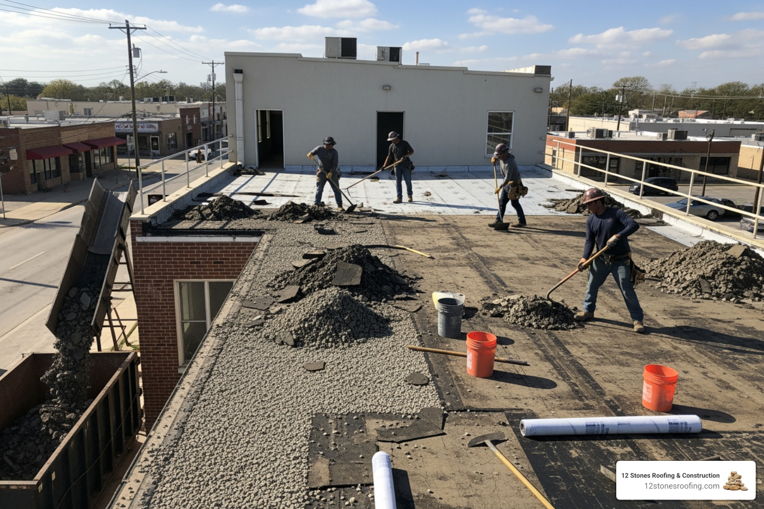 image of a roofing crew performing a full tear-off of an old flat roof - flat roof replacement Pasadena TX