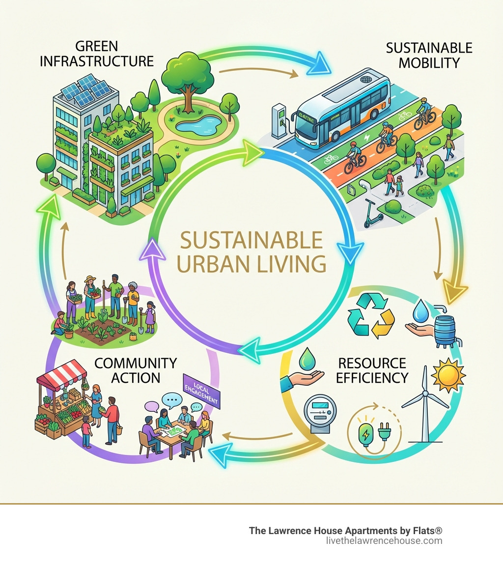 Infographic showing four interconnected pillars of sustainable urban living: Green Infrastructure (buildings with solar panels, green roofs, and parks), Sustainable Mobility (electric buses, bike lanes, and walkable streets), Resource Efficiency (recycling symbols, water conservation, and renewable energy icons), and Community Action (people gardening together, local markets, and neighborhood meetings). Arrows connect all four pillars in a circular flow. - sustainable urban living infographic 