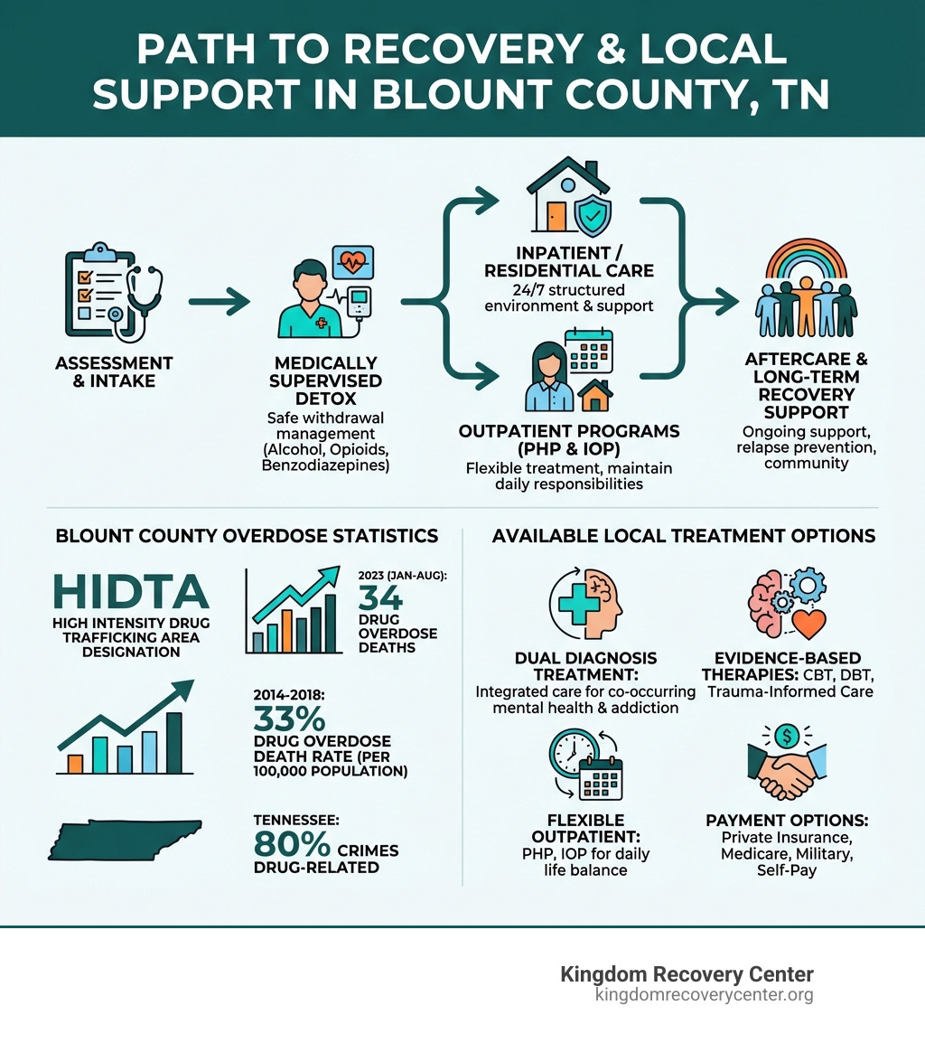 Infographic showing the path from assessment and detox through inpatient or outpatient treatment to aftercare and long-term recovery support, with statistics on Blount County overdose rates and available local treatment options - Drug Rehab Blount county Tn infographic 