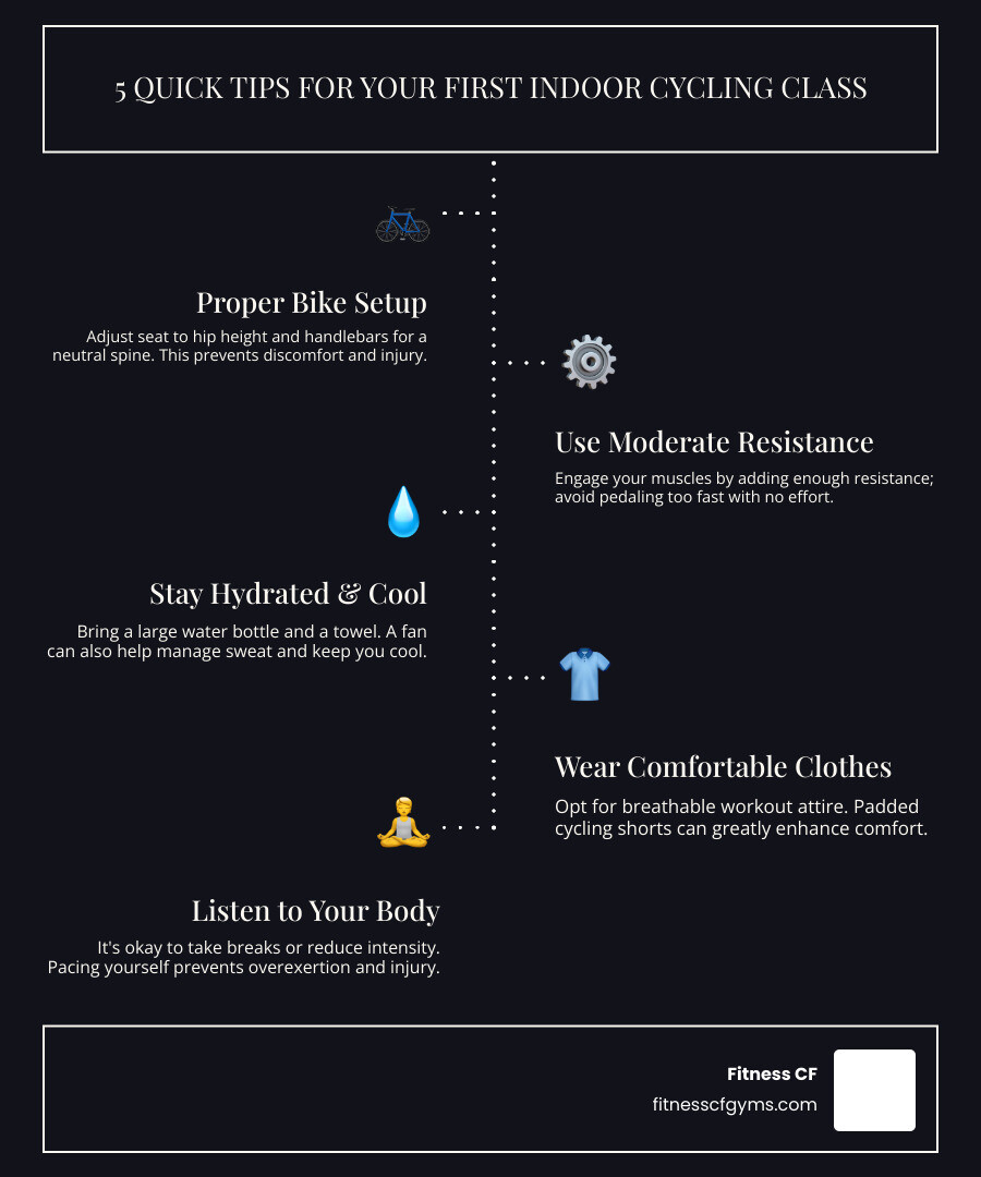 infographic showing 5 quick tips for first indoor cycling class including proper bike setup, starting with moderate resistance, bringing water and towel, wearing comfortable clothes, and listening to your body - Beginner indoor cycling infographic infographic-line-5-steps-dark