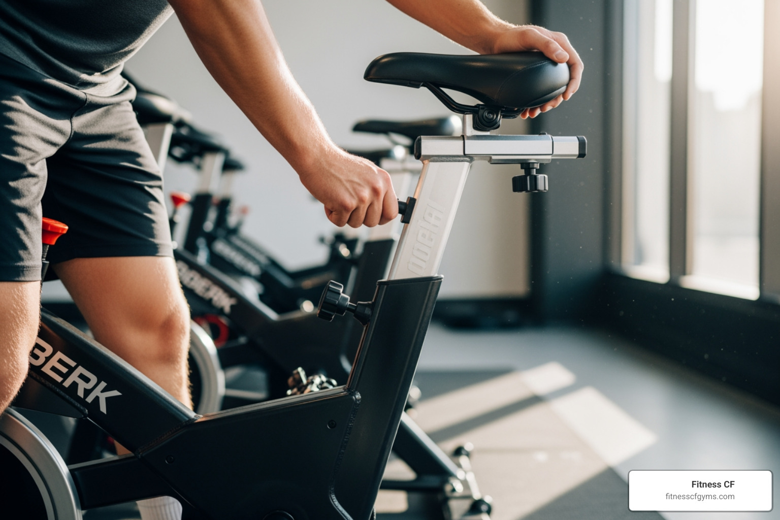 A person correctly adjusting a spin bike's seat height - Beginner indoor cycling