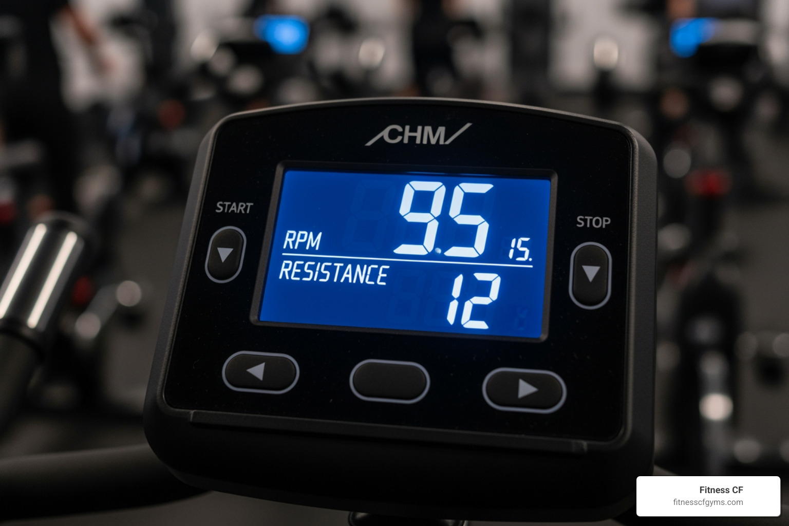 A spin bike console showing RPM and resistance - Beginner indoor cycling