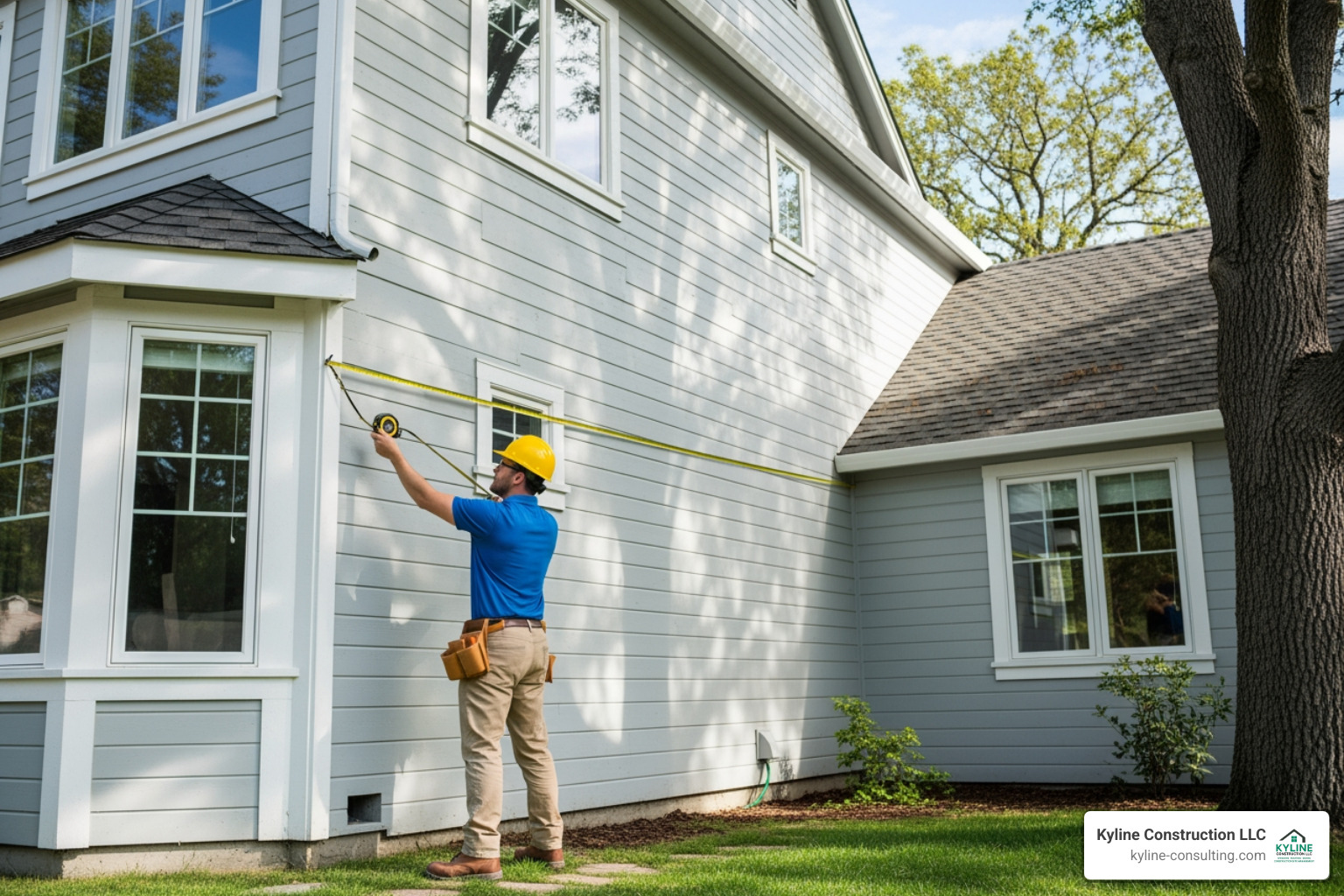 contractor measuring exterior of two-story home - cost to remove and replace siding