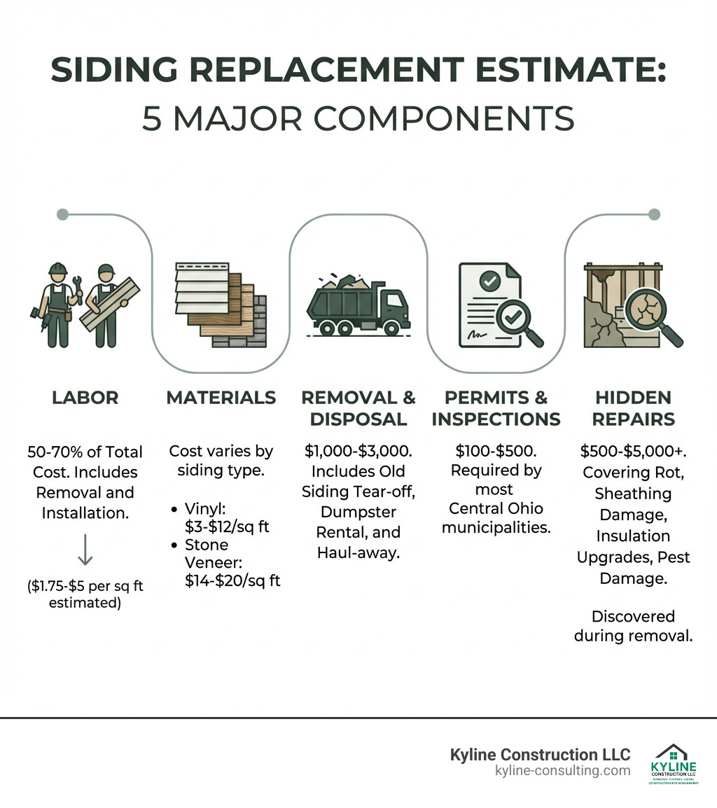 Infographic breaking down the five major components of a siding replacement estimate: Labor (50-70% of total cost, includes removal and installation), Materials (cost varies by siding type, from vinyl at $3-12/sq ft to stone veneer at $14-20/sq ft), Removal and Disposal ($1,000-$3,000, includes old siding tear-off, dumpster rental, and haul-away), Permits and Inspections ($100-$500, required by most Central Ohio municipalities), and Hidden Repairs ($500-$5,000+, covering rot, sheathing damage, insulation upgrades, and pest damage discovered during removal) - cost to remove and replace siding infographic 
