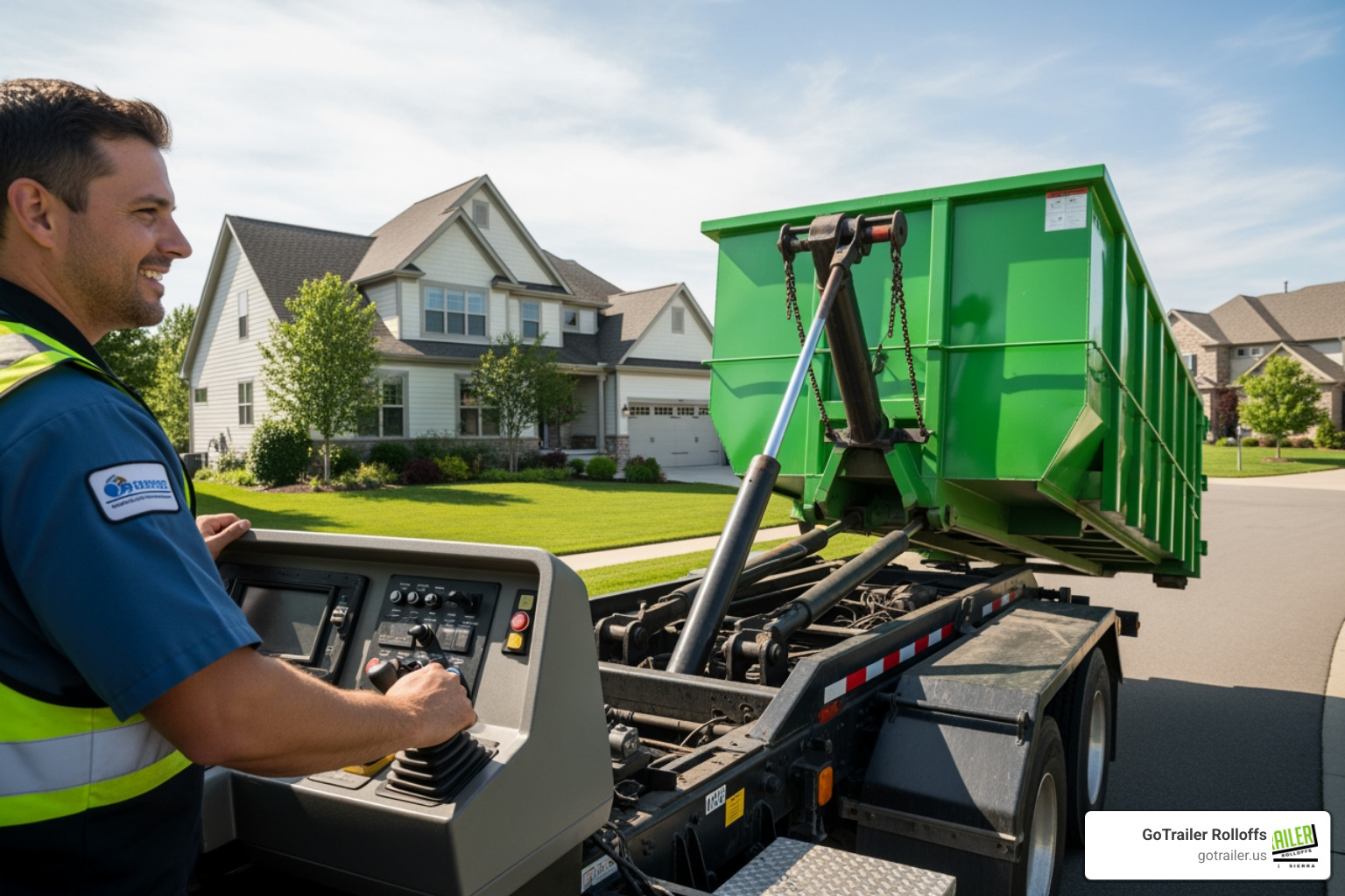 A friendly driver delivering a dumpster - temporary waste container A friendly driver delivering a dumpster - temporary waste container
