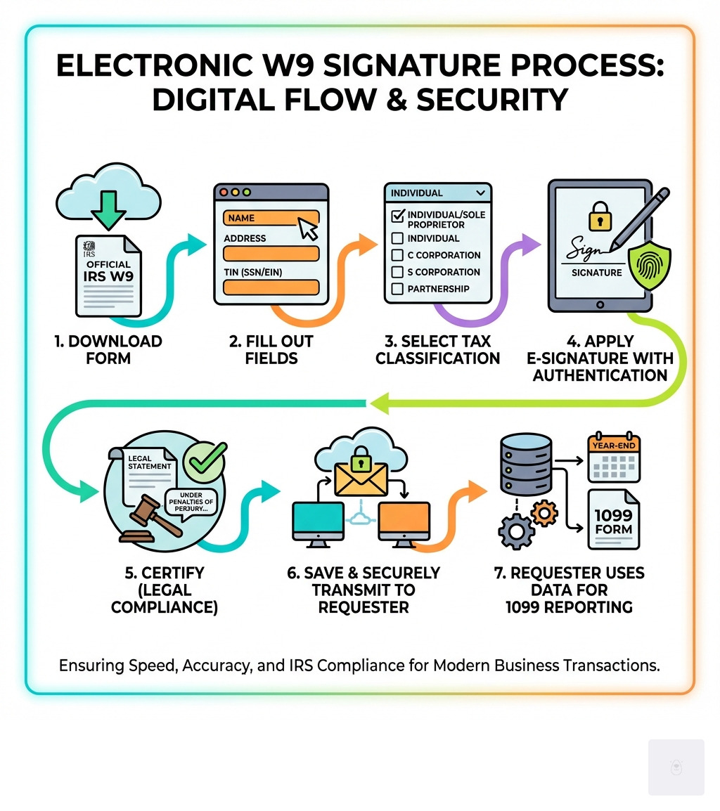 Infographic showing the W9 electronic signature process: 1) Download official IRS W9 form 2) Fill out name, address, and TIN fields 3) Select appropriate tax classification 4) Apply electronic signature with authentication 5) Certify under penalties of perjury 6) Save and securely transmit to requester 7) Requester uses W9 data for 1099 reporting at year-end - electronic signature w9 infographic 