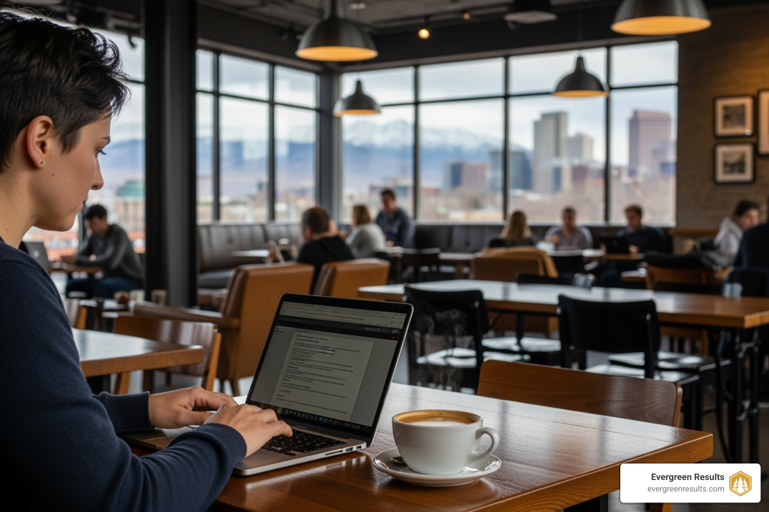 person creating content on a laptop in a Denver coffee shop - Denver content marketing