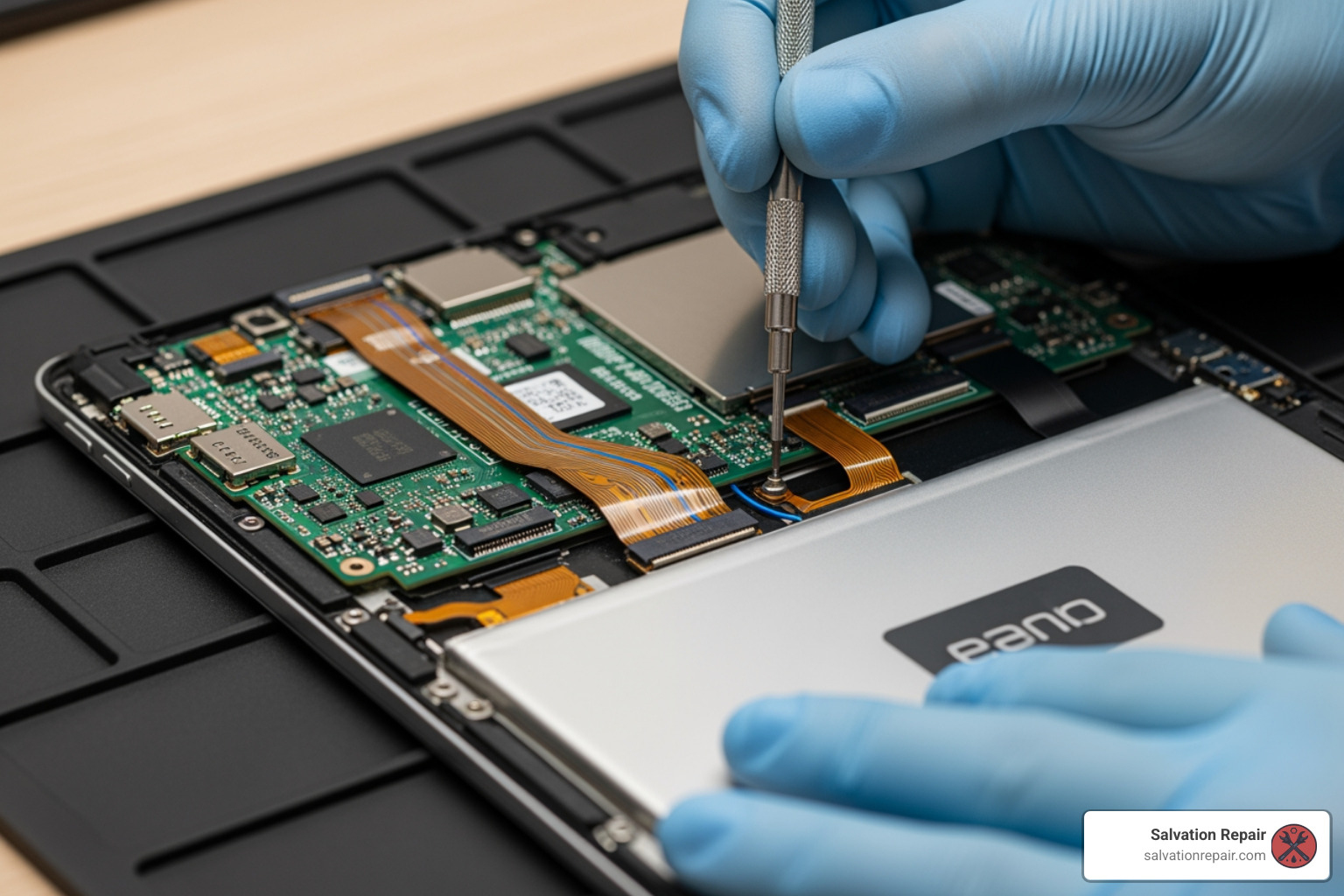 Technician's hands carefully repairing an open tablet - Tablet Repair Laurel MS