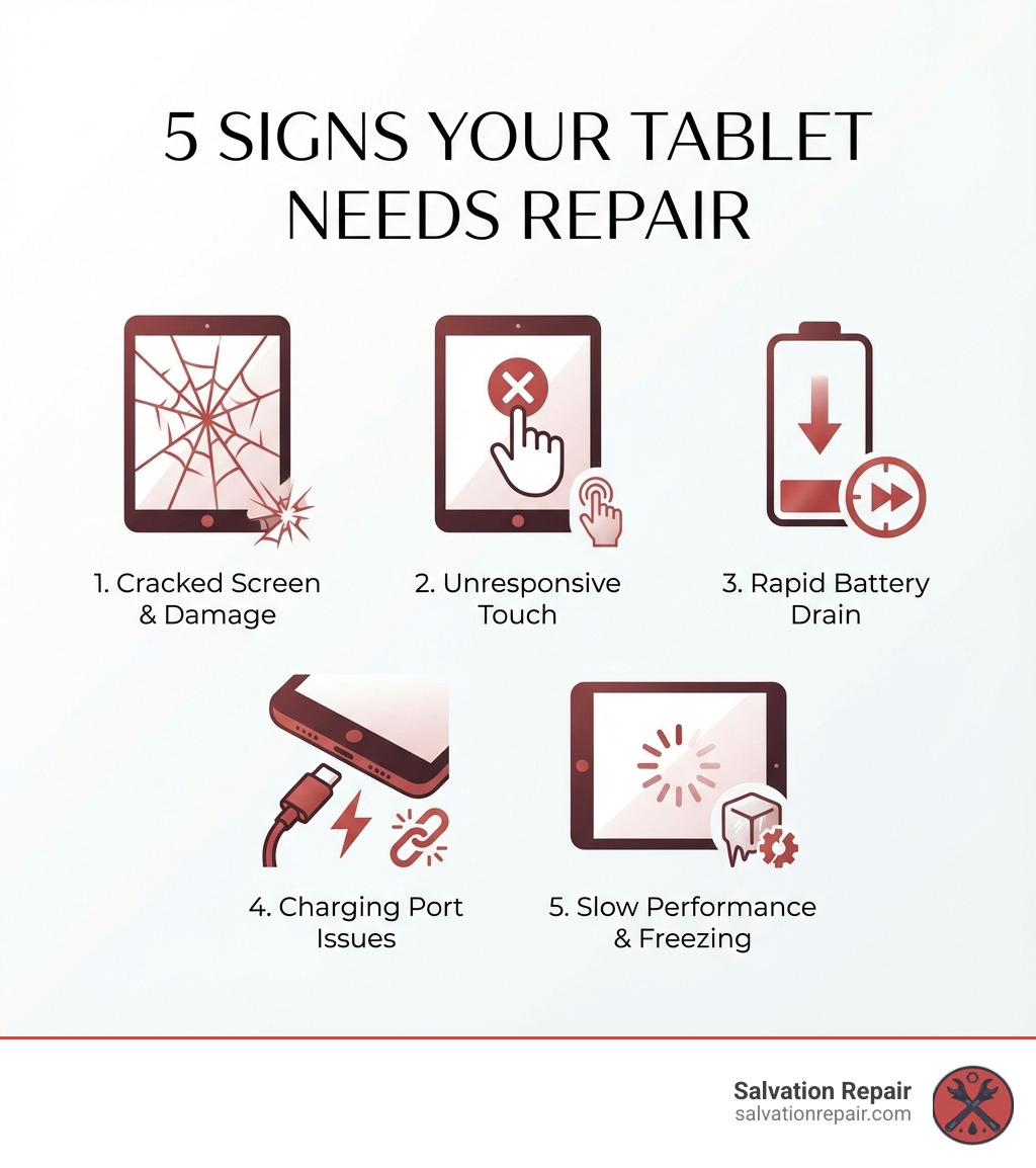 Infographic showing the 5 most common signs your tablet needs repair: 1. Cracked or shattered screen with visible damage, 2. Unresponsive touch screen that doesn't register taps, 3. Battery draining rapidly or not holding charge, 4. Charging port not working or loose connection, 5. Slow performance with frequent freezing or crashes - Tablet Repair Laurel MS infographic 