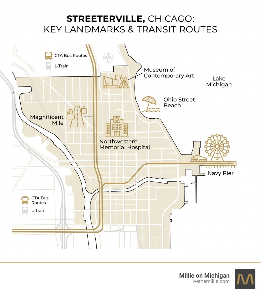 Infographic showing Streeterville map with key landmarks including Navy Pier, Magnificent Mile, Northwestern Memorial Hospital, Ohio Street Beach, Museum of Contemporary Art, and major transit routes - apartments streeterville chicago il infographic Infographic showing Streeterville map with key landmarks including Navy Pier, Magnificent Mile, Northwestern Memorial Hospital, Ohio Street Beach, Museum of Contemporary Art, and major transit routes - apartments streeterville chicago il infographic