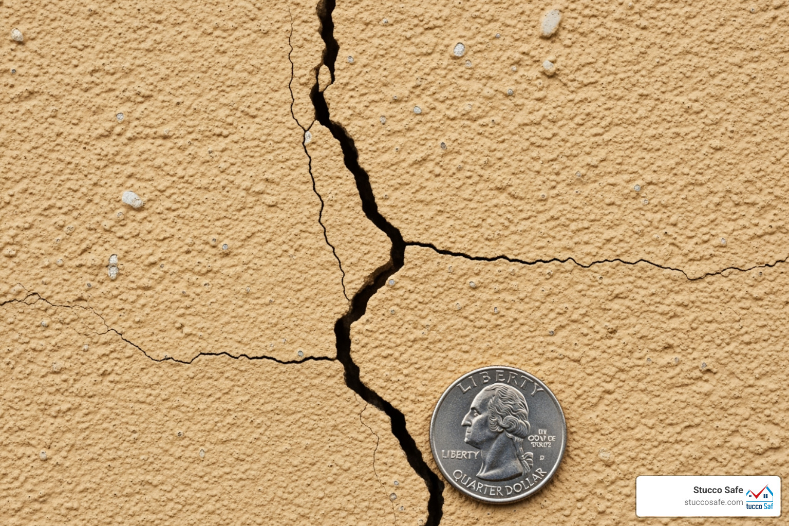 stucco crack next to a coin for scale - stucco inspection standards stucco crack next to a coin for scale - stucco inspection standards