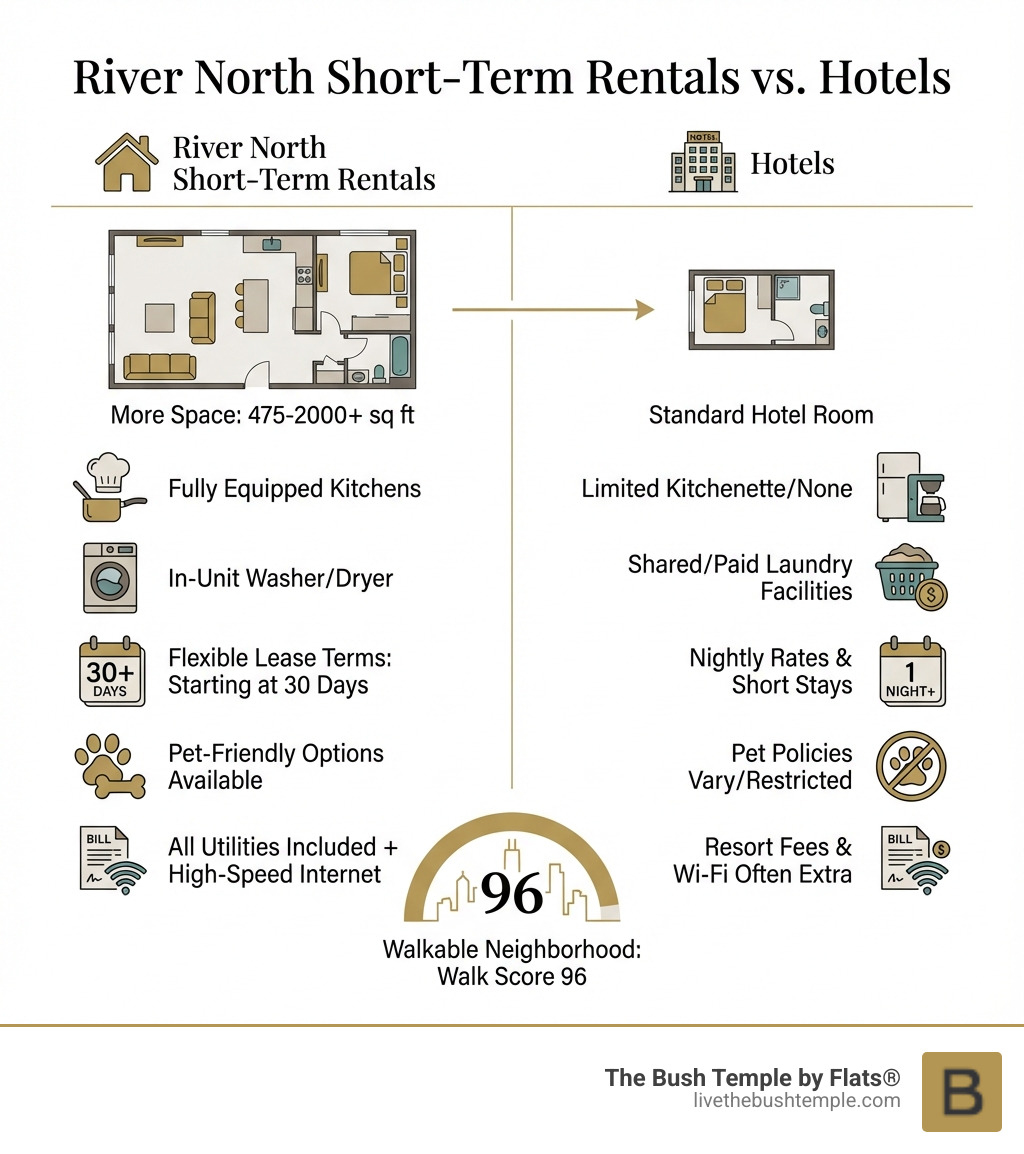 Infographic showing comparison of River North short-term rentals versus hotels: more space (475-2000+ sq ft vs standard hotel room), fully equipped kitchens, in-unit washer/dryer, flexible lease terms starting at 30 days, pet-friendly options available, all utilities included with high-speed internet, and located in walkable neighborhood with Walk Score 96 - River North short-term rentals infographic 