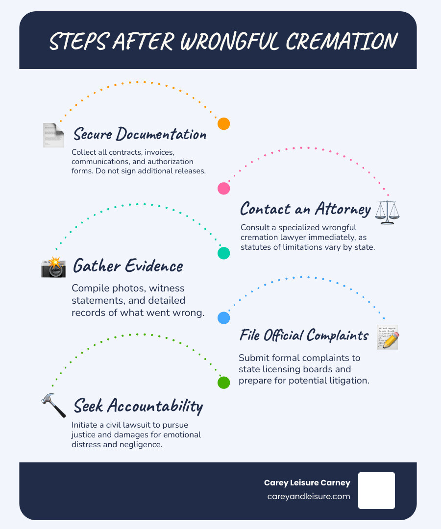 Infographic showing the steps after wrongful cremation: 1. Secure all documentation and contracts, 2. Do not sign additional releases, 3. Contact a specialized attorney within days, 4. File complaints with state licensing boards, 5. Gather witness statements and evidence, 6. Prepare civil lawsuit for damages, 7. Seek accountability through legal action - wrongful cremation lawsuit infographic infographic-line-5-steps-blues-accent_colors