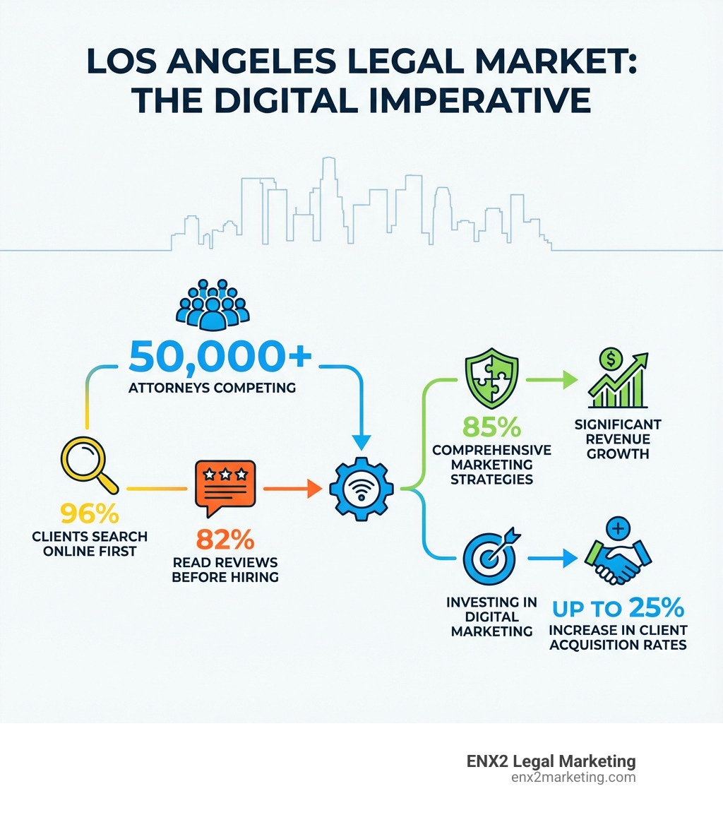 Infographic showing Los Angeles legal market statistics: 50,000+ attorneys competing, 96% of clients search online first, 82% read reviews before hiring, 85% of firms with comprehensive marketing strategies see significant revenue growth, and firms investing in digital marketing see up to 25% increase in client acquisition rates - legal marketing Los Angeles infographic Infographic showing Los Angeles legal market statistics: 50,000+ attorneys competing, 96% of clients search online first, 82% read reviews before hiring, 85% of firms with comprehensive marketing strategies see significant revenue growth, and firms investing in digital marketing see up to 25% increase in client acquisition rates - legal marketing Los Angeles infographic