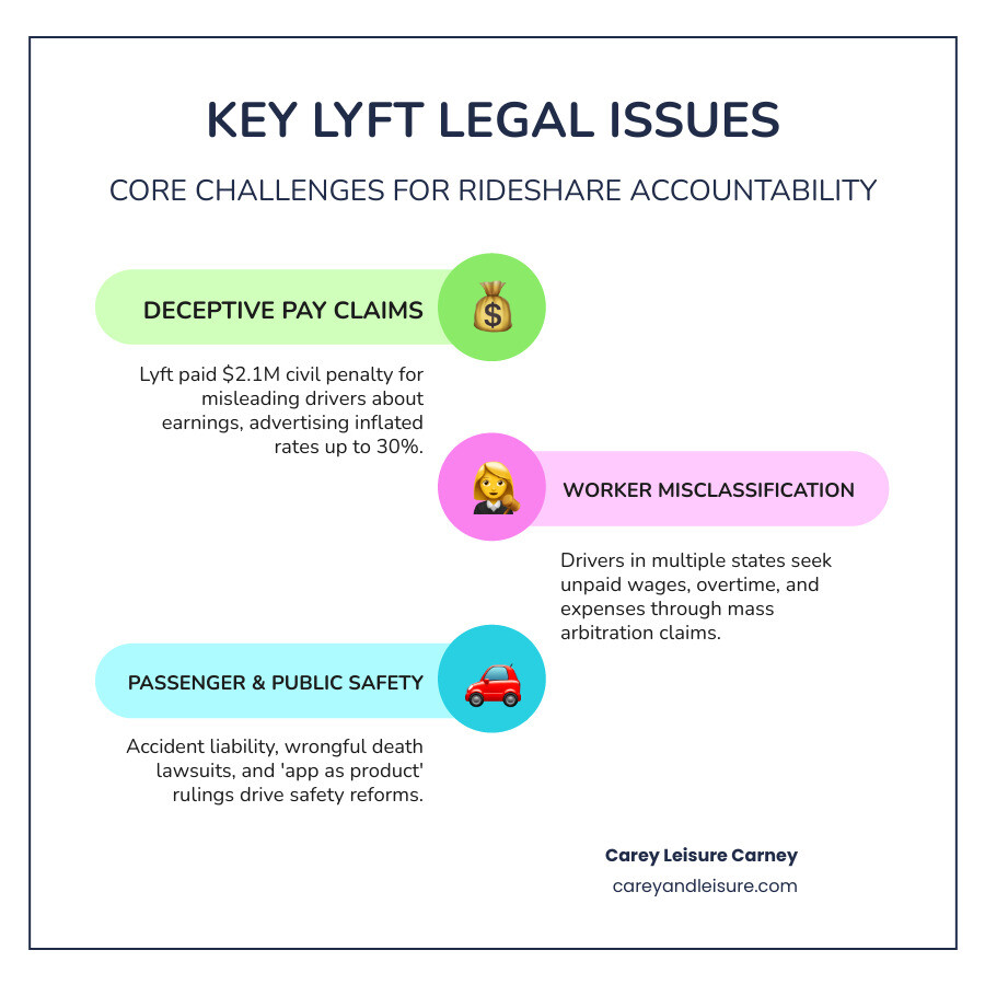 Infographic showing three main categories: 1) Driver Pay & Deception - FTC enforcement, $2.1M penalty, misleading earnings guarantees; 2) Worker Misclassification - Independent contractor vs employee debate, mass arbitration, unpaid wages claims; 3) Passenger & Public Safety - Accident liability, wrongful death lawsuits, app as defective product, safety reforms - lyft legal issues infographic infographic-line-3-steps-colors