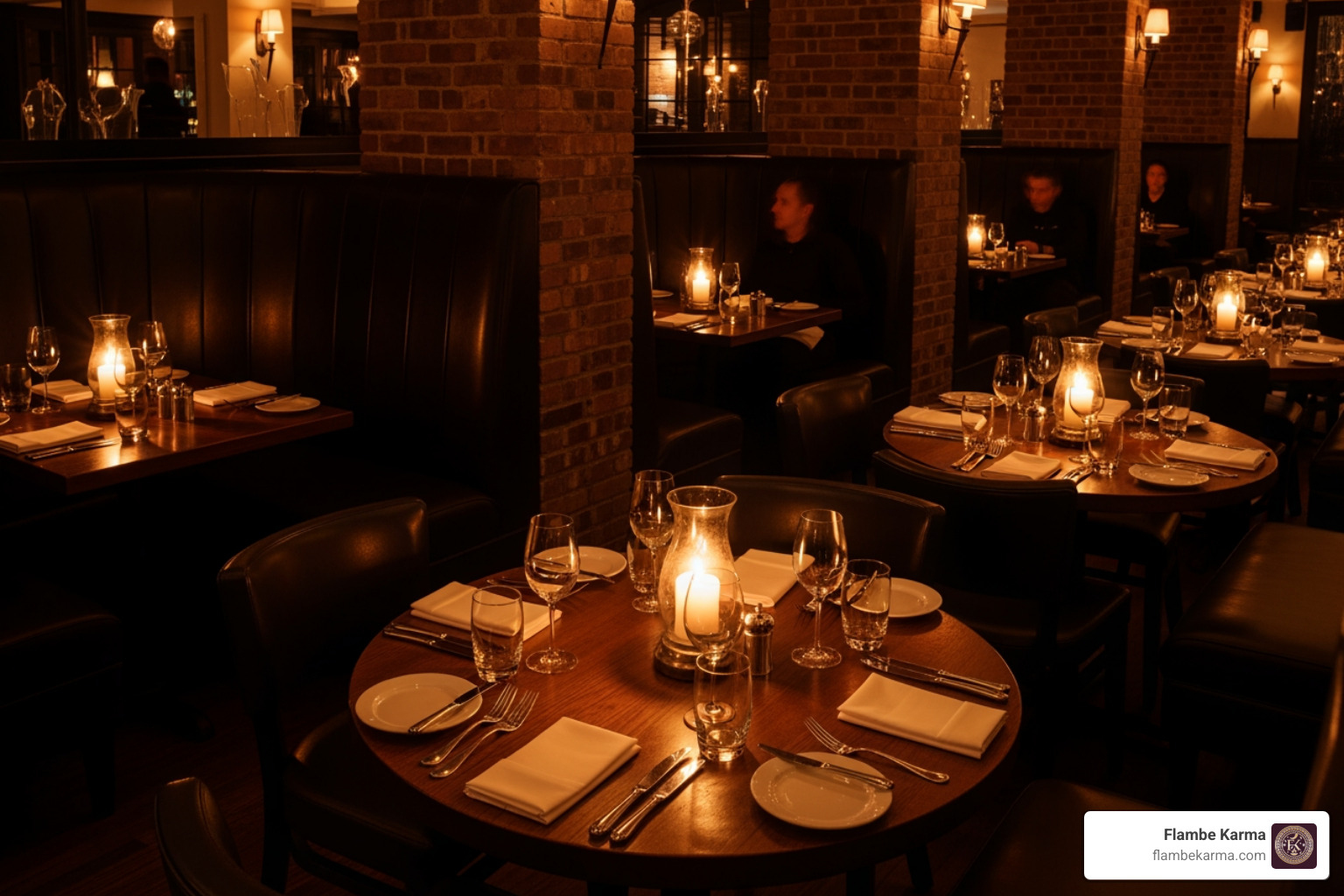A restaurant interior with dim lighting, candlelight, and cozy, private booths - romantic fine dining restaurant