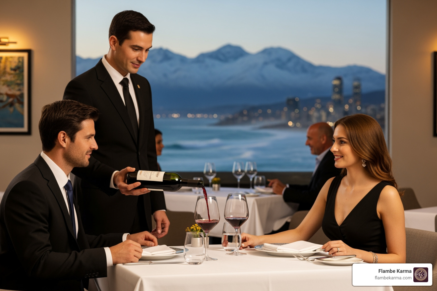 A sommelier pouring wine for a couple with a scenic view in the background - romantic fine dining restaurant