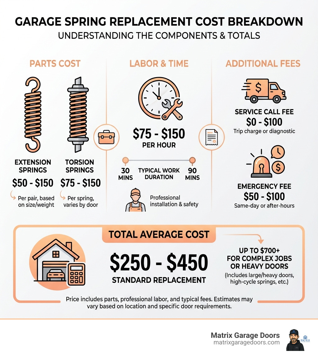 Infographic showing garage spring replacement cost breakdown: Parts ($50-$150 for extension springs, $75-$150 for torsion springs), Labor ($75-$150 per hour for 30-90 minutes of work), Service Call Fee ($0-$100), Emergency Fee ($50-$100 if applicable), and Total Average Cost ($250-$450 for standard replacement, up to $700+ for complex jobs or heavy doors) - garage spring replacement price infographic 