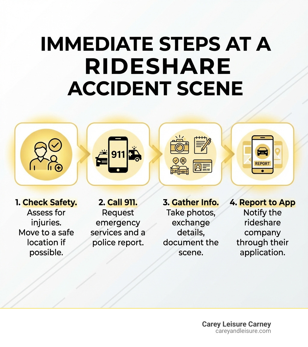 explaining the immediate steps to take at an accident scene (Check Safety, Call 911, Gather Info, Report to App) - rideshare accident vehicles infographic explaining the immediate steps to take at an accident scene (Check Safety, Call 911, Gather Info, Report to App) - rideshare accident vehicles infographic