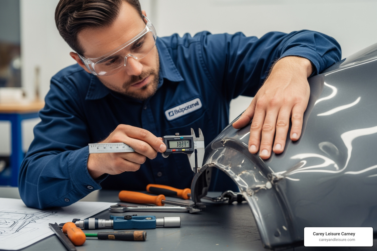 image of an engineer examining a damaged vehicle part - Accident claim expert
