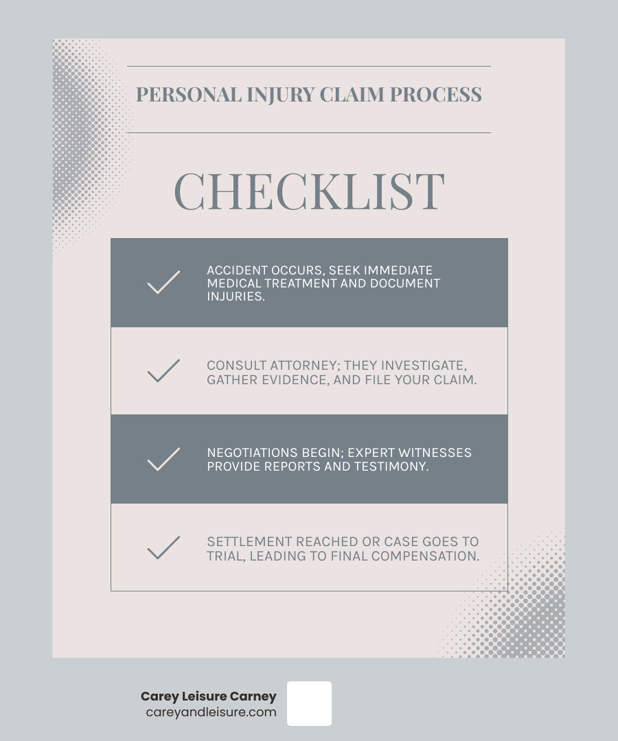 Infographic showing the personal injury claim process: 1) Accident occurs and injuries sustained, 2) Seek immediate medical treatment and document injuries, 3) Consult personal injury attorney for case evaluation, 4) Attorney investigates and gathers evidence with expert help, 5) File claim and submit demand to insurance company, 6) Negotiations with insurance adjuster begin, 7) Expert witnesses provide reports and testimony if needed, 8) Settlement reached or case proceeds to trial, 9) Final compensation awarded and case closed - Accident claim expert infographic checklist-light-blue-grey
