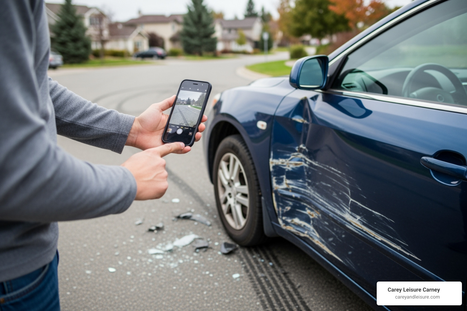 person taking photos of car damage with their phone - uber lyft accidents