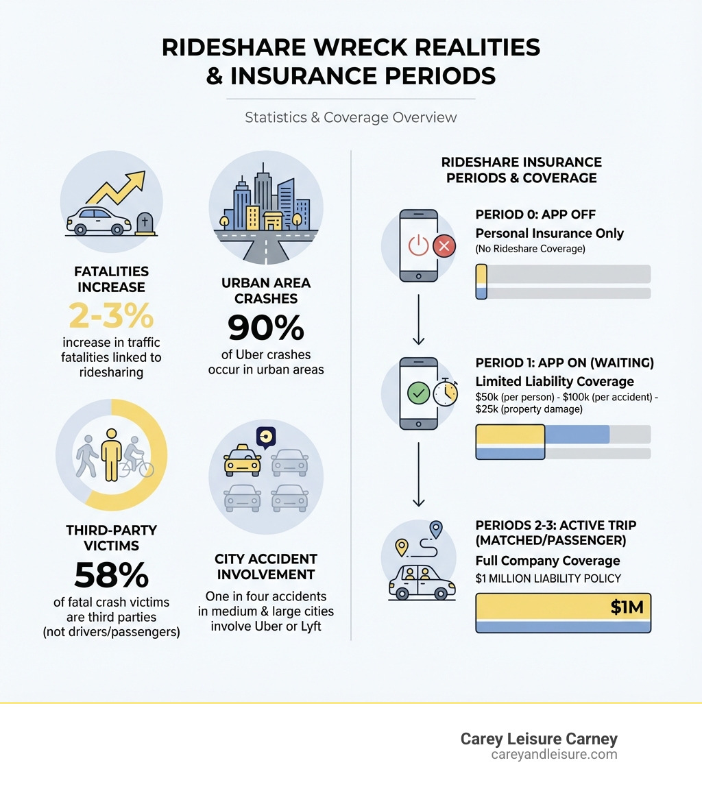Infographic showing rideshare accident statistics: 2-3% increase in traffic fatalities linked to ridesharing, 58% of fatal rideshare crash victims are third parties not drivers or passengers, 90% of Uber crashes occur in urban areas, one in four accidents in medium and large cities involve Uber or Lyft, and insurance coverage varies by three critical periods - Period 0 app off with personal insurance only, Period 1 app on waiting with $50k-$100k-$25k coverage, and Periods 2-3 active trip with $1 million liability coverage - uber lyft accidents infographic 
