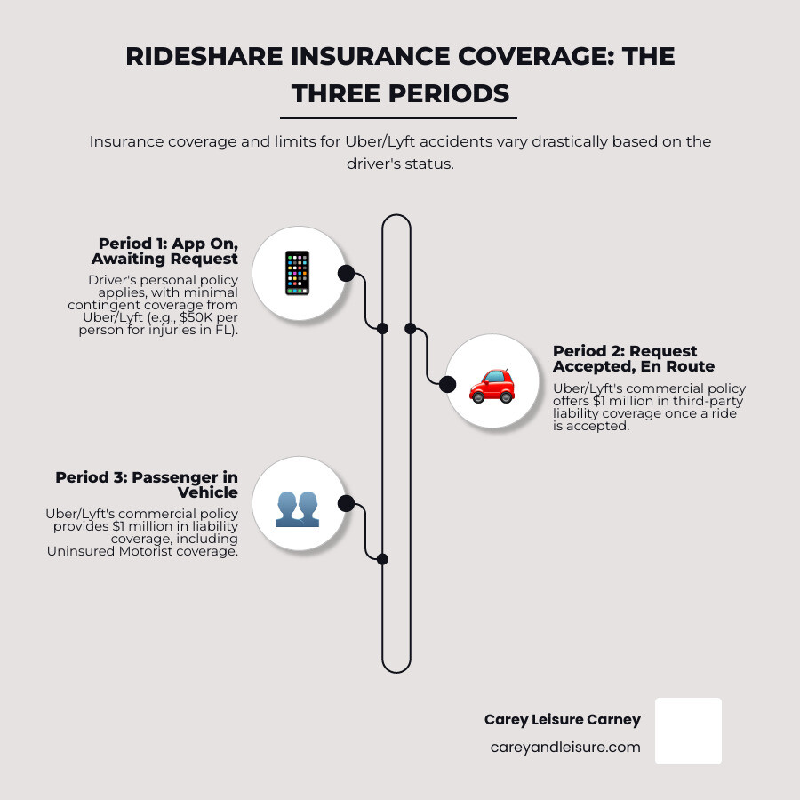 infographic showing the three periods of rideshare insurance coverage with dollar amounts: Period 1 app on waiting shows $50k per person $100k per accident, Period 2 en route to passenger shows $1 million liability, Period 3 passenger in vehicle shows $1 million liability plus uninsured motorist coverage, with icons of a smartphone app, a car with route line, and passengers in a vehicle - attorney uber accident infographic