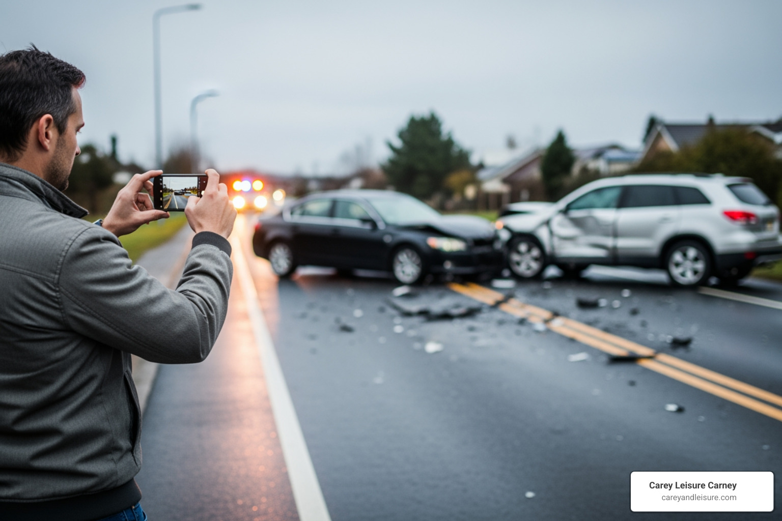 Person taking photos of a car accident with their phone - uber accident attorneys