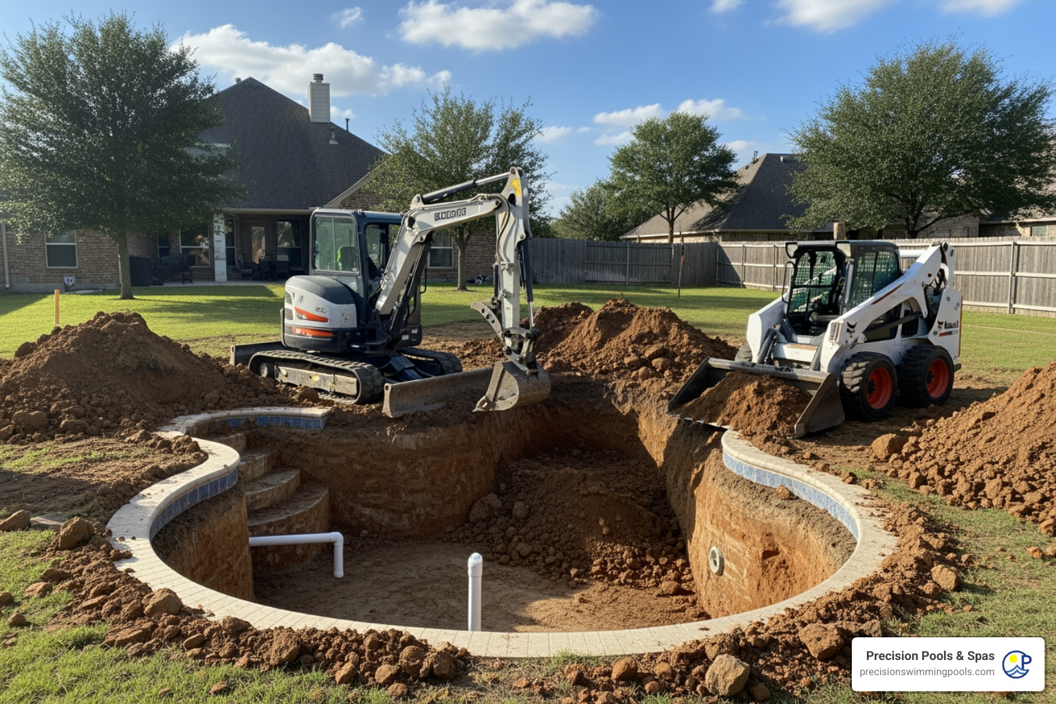 Excavation work in a Texas backyard for a new pool installation, showing earthmoving equipment - fiberglass pools with prices