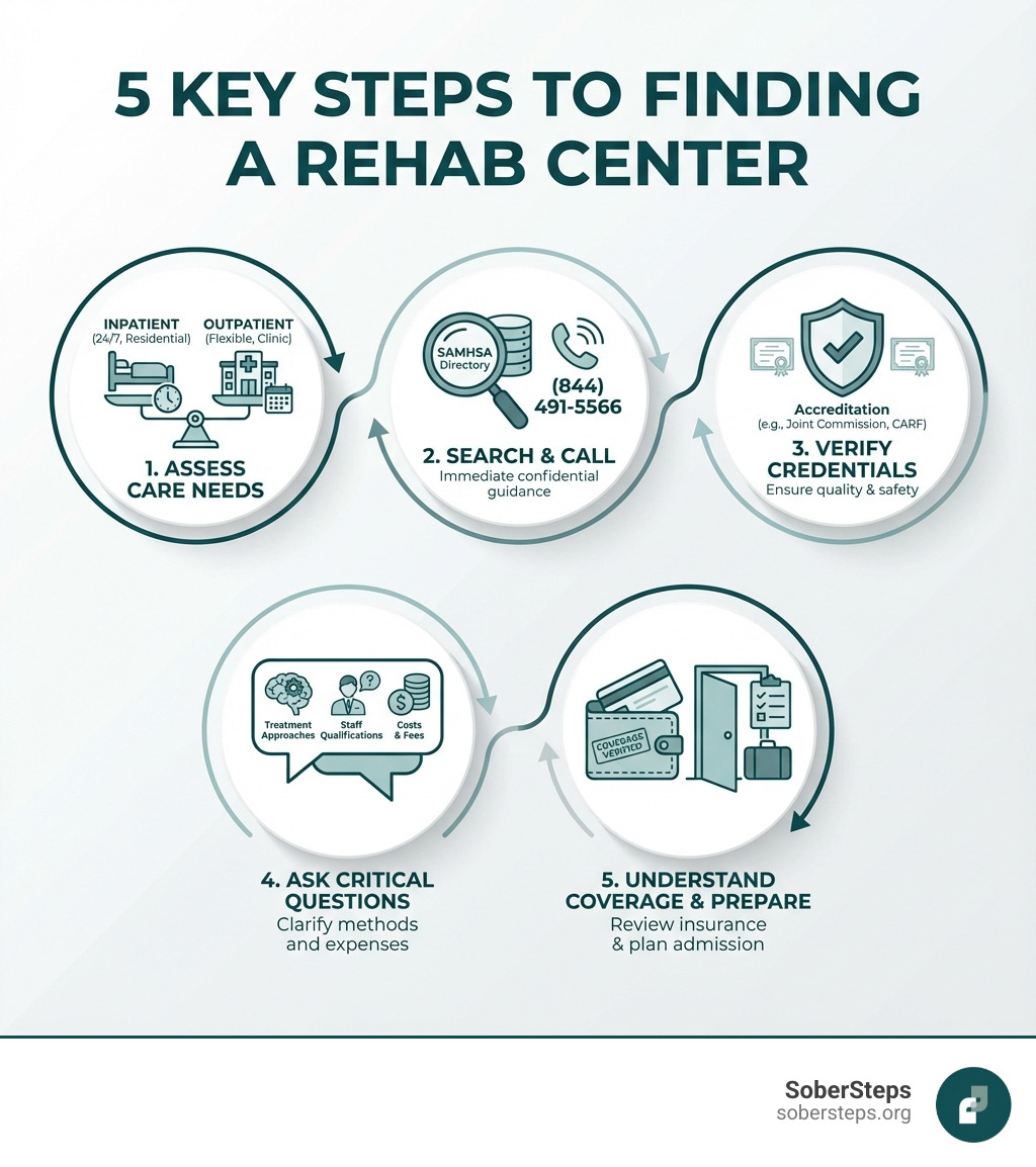 Infographic showing 5 key steps to finding a rehab center: 1) Assess your level of care needs (inpatient vs outpatient), 2) Search directories like SAMHSA or call (844) 491-5566, 3) Verify facility credentials and accreditation, 4) Ask critical questions about treatment approaches and costs, 5) Understand insurance coverage and prepare for admission - how to find rehab infographic 