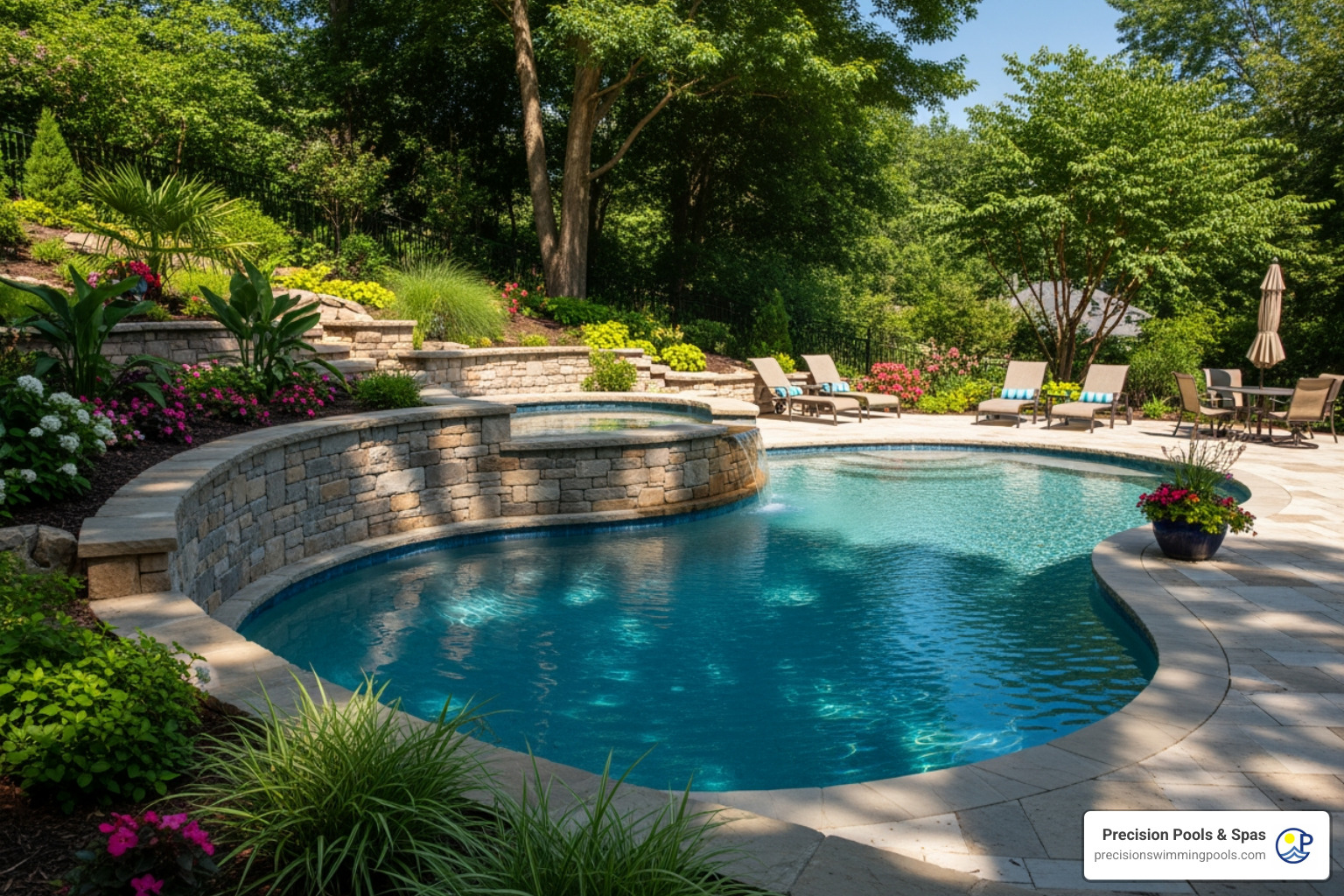 Semi-inground pool built into a sloped backyard with a retaining wall and landscaping - average cost of semi inground pool