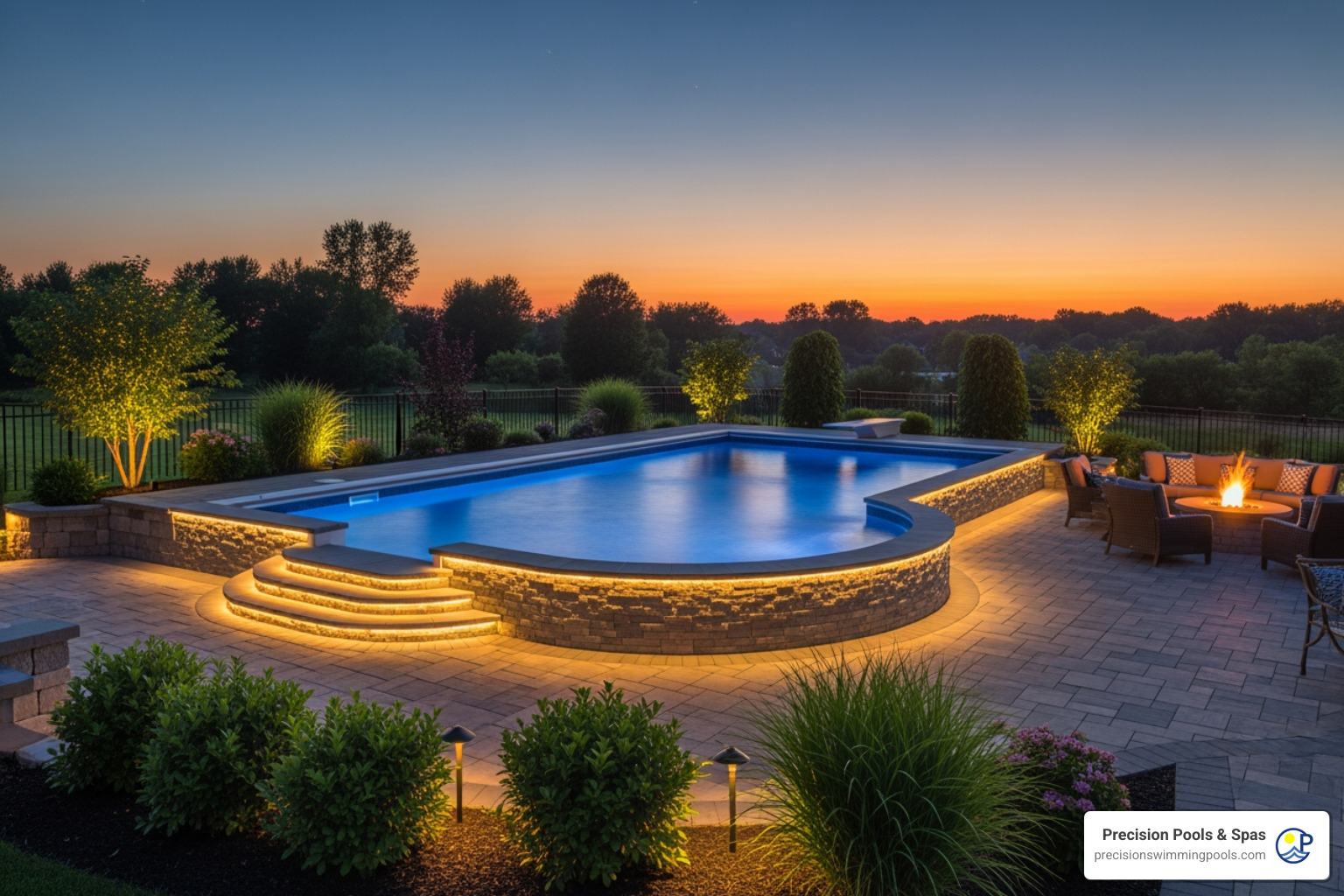 Beautifully finished semi-inground pool with ambient lighting at dusk - average cost of semi inground pool