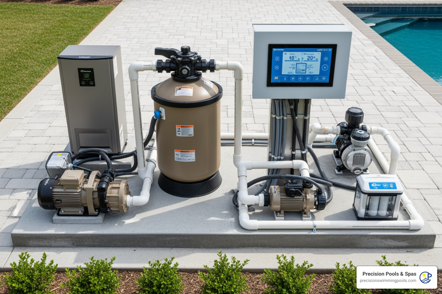 A neatly organized pool equipment pad featuring a modern pool automation control panel with various connected components like pumps, filters, and heaters - Pool automation system cost