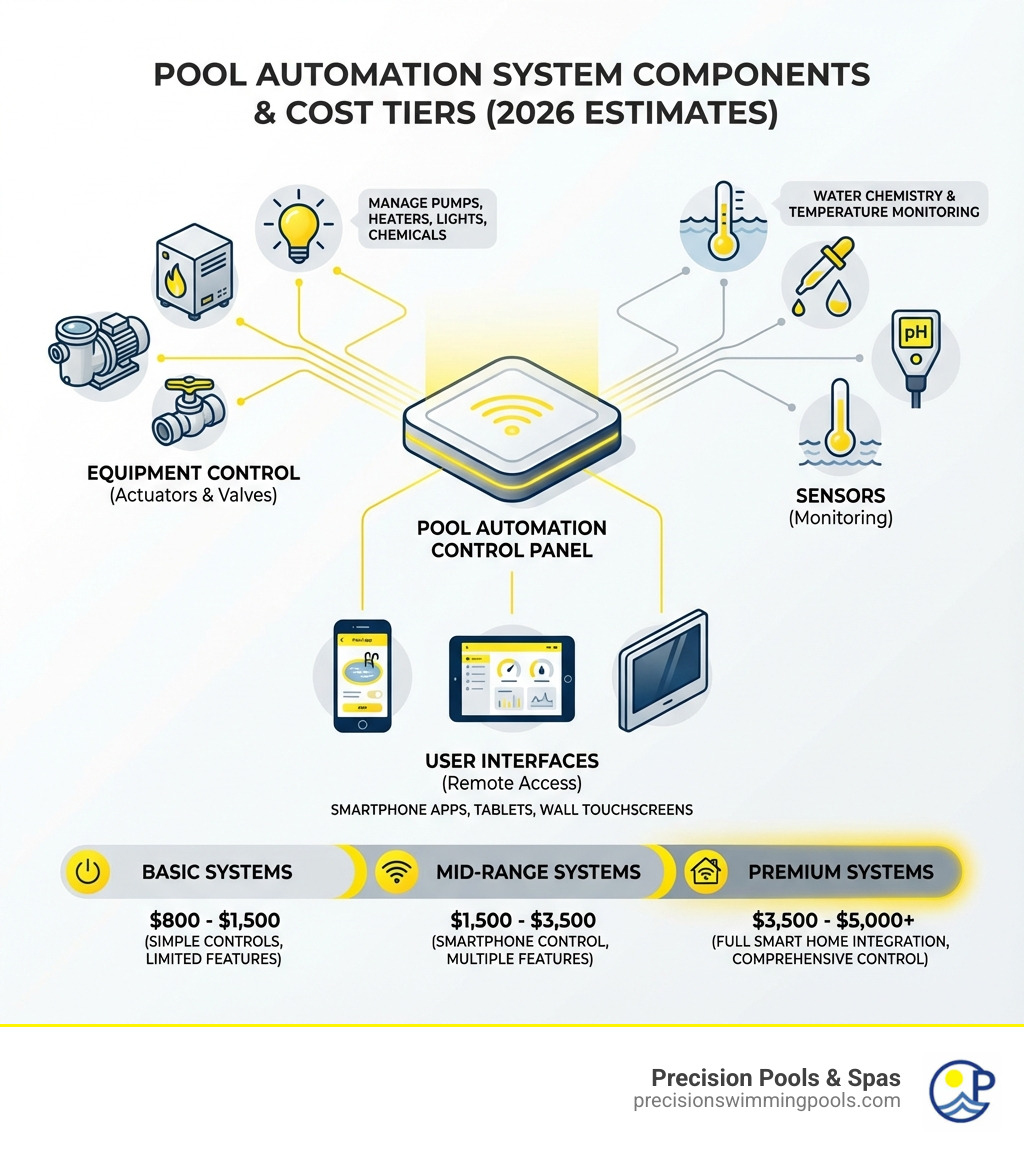 Infographic showing pool automation system components including control panel at the center, connected to actuators and valves for equipment control, sensors for water chemistry and temperature monitoring, and user interfaces like smartphone apps, tablets, and wall-mounted touchscreens, with cost ranges for each tier - Pool automation system cost infographic 