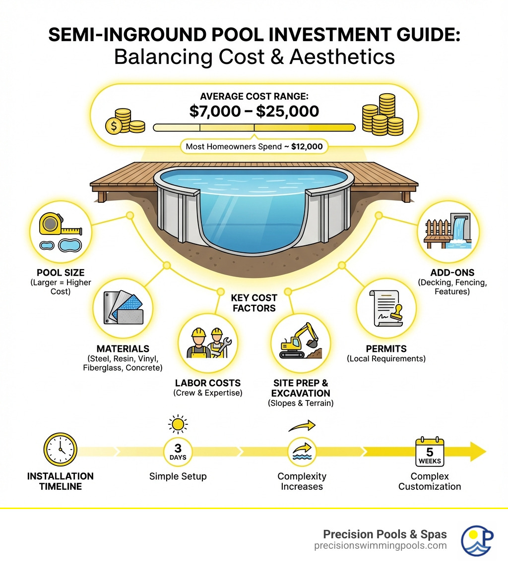 Infographic showing average semi-inground pool costs ranging from $7,000-$25,000, key cost factors including pool size, materials (steel, resin, vinyl, fiberglass, concrete), labor costs, site preparation, permits, and add-ons like decking and fencing, plus typical installation timeline of 3 days to 5 weeks depending on complexity - average cost of semi inground pool infographic 