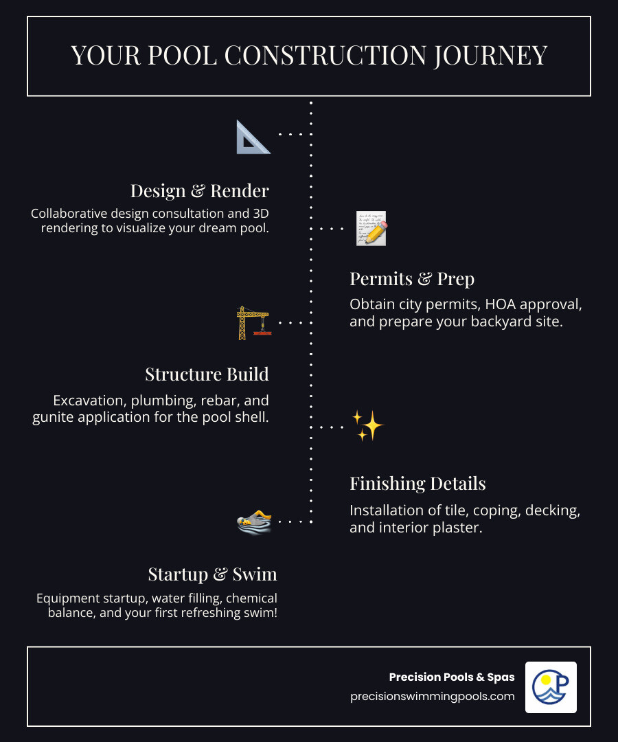 Infographic showing 5 key steps in pool construction: 1) Design consultation and 3D rendering, 2) Permits and site preparation, 3) Excavation and structural installation (plumbing, rebar, gunite), 4) Finishing touches (tile, coping, decking, plaster), 5) Equipment startup and first swim - Inground pool builders Houston infographic infographic-line-5-steps-dark