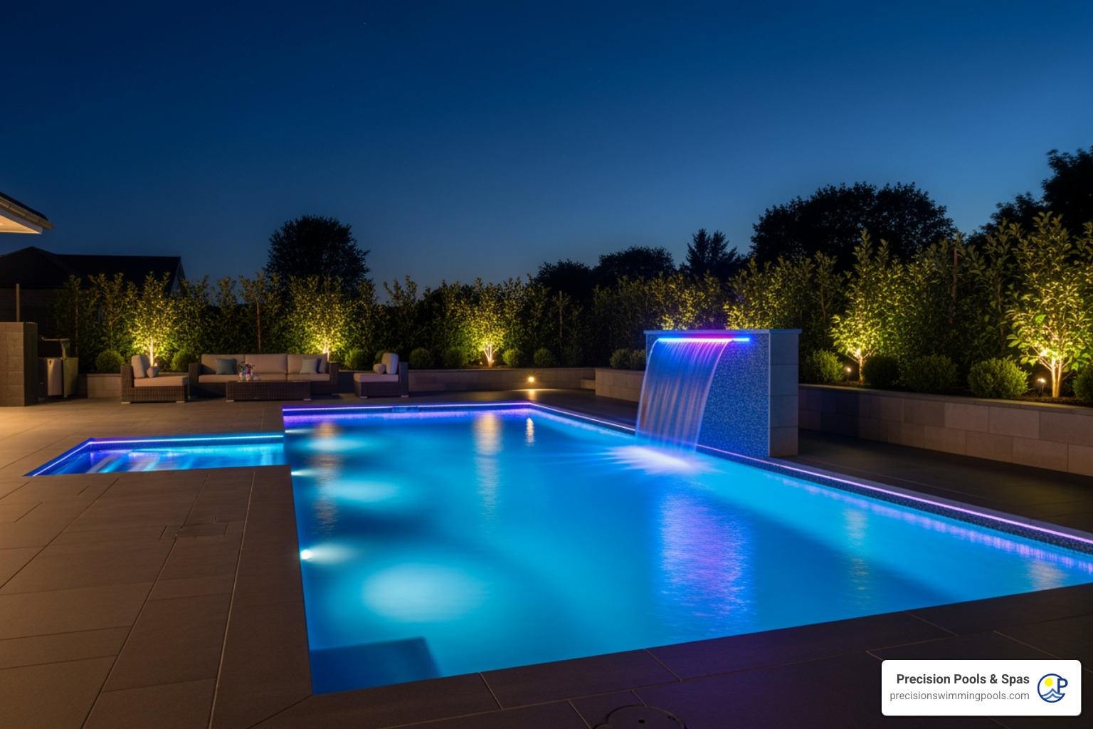 modern pool with a waterfall feature and LED lighting - Inground pool builders Houston