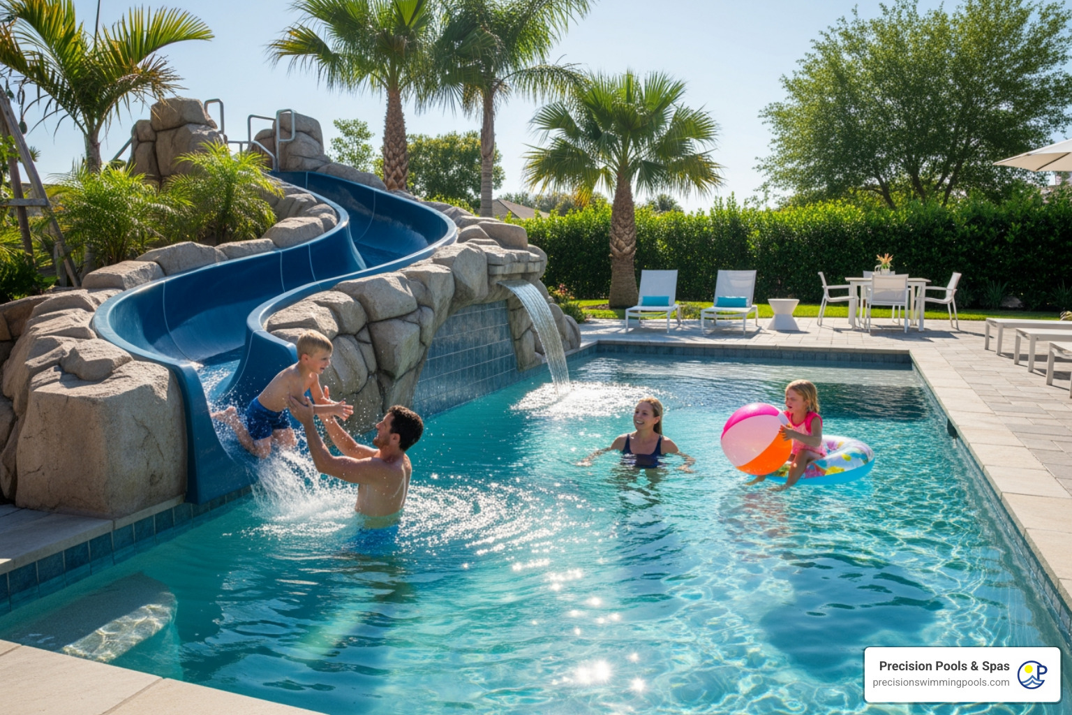 family enjoying a newly remodeled pool with a water slide - Pool Remodeling