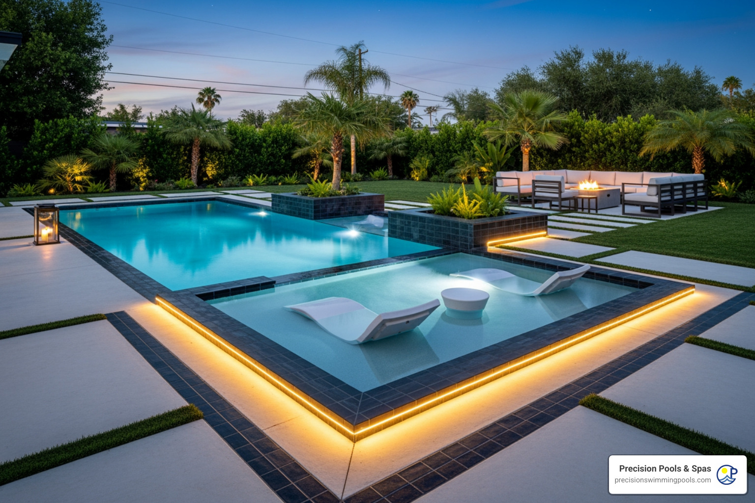 modern pool with a tanning ledge and LED lighting - Pool Remodeling